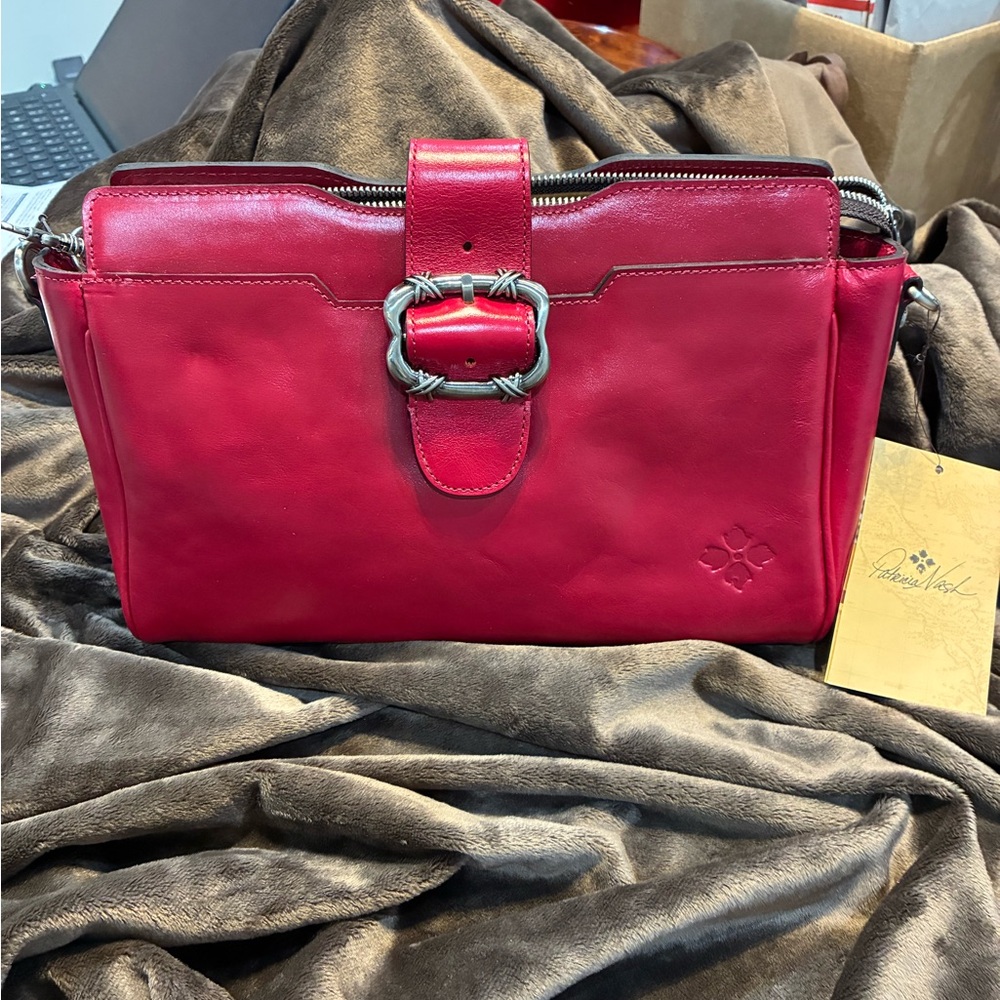 Patricia Nash Red Leather Shoulder Bag with Silver Buckle